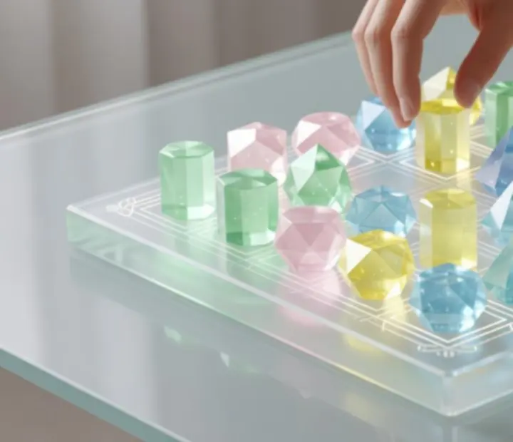 Detail hrací plochy Triple Match 3D se 3D objekty připravenými ke skládání trojic