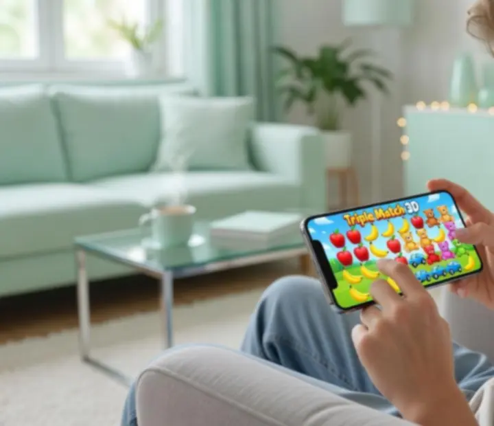 Hráč skládá trojice 3D objektů v mobilní hře Triple Match 3D