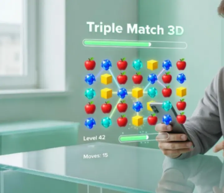 Analýza různých typů úrovní v Triple Match 3D s barevnými 3D objekty a taktickými vrstvami