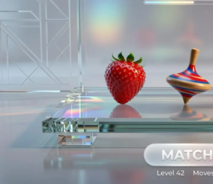 Přehled herního pole Triple Match 3D se 3D objekty připravenými ke skládání do trojiček