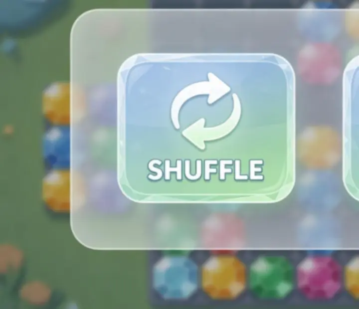 Ukázka power-upů v Triple Match 3D s možností shuffle a finder